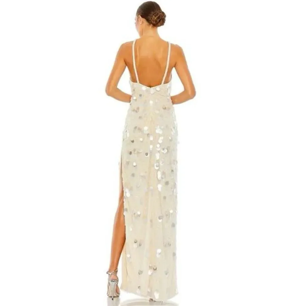 MAC DUGGAL CRYSTAL EMBELLISHED CASCADE OPEN BACK COLUMN GOWN / size 16